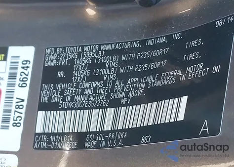 2014 Toyota Sienna Xle V6 8 Passenger из США, поврежденный, VIN 5TDYK3DC7ES522762